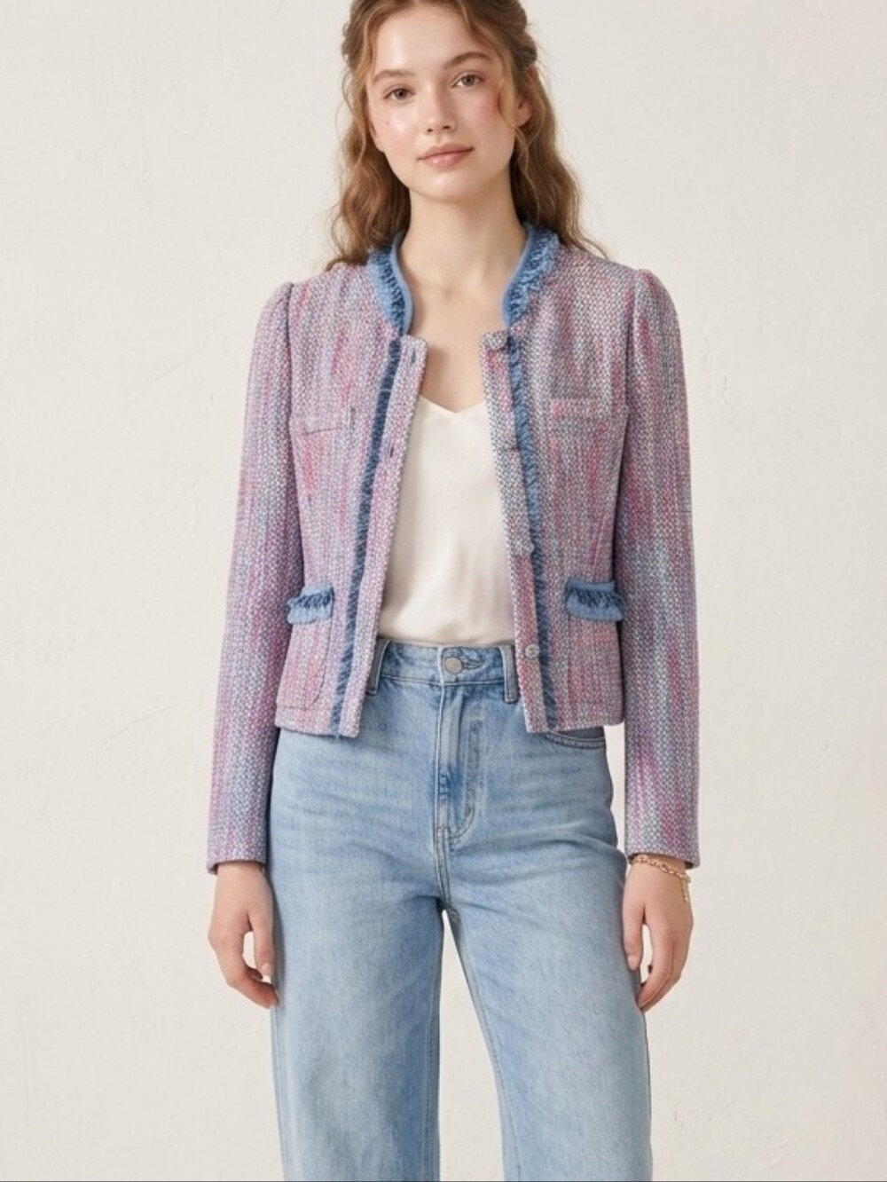 Cute Tweed Cropped Blazer In Pastel Pink & Blue